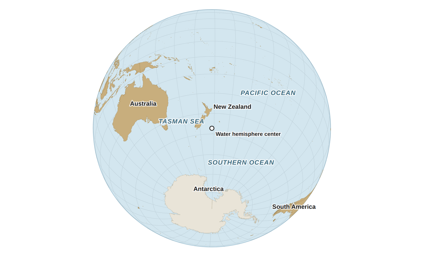Globe centered near New Zealand, showing a half of Earth that is almost all ocean